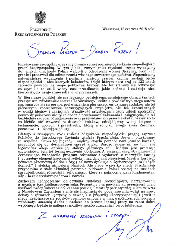 Narodowe czytanie 2018 List Prezydenta