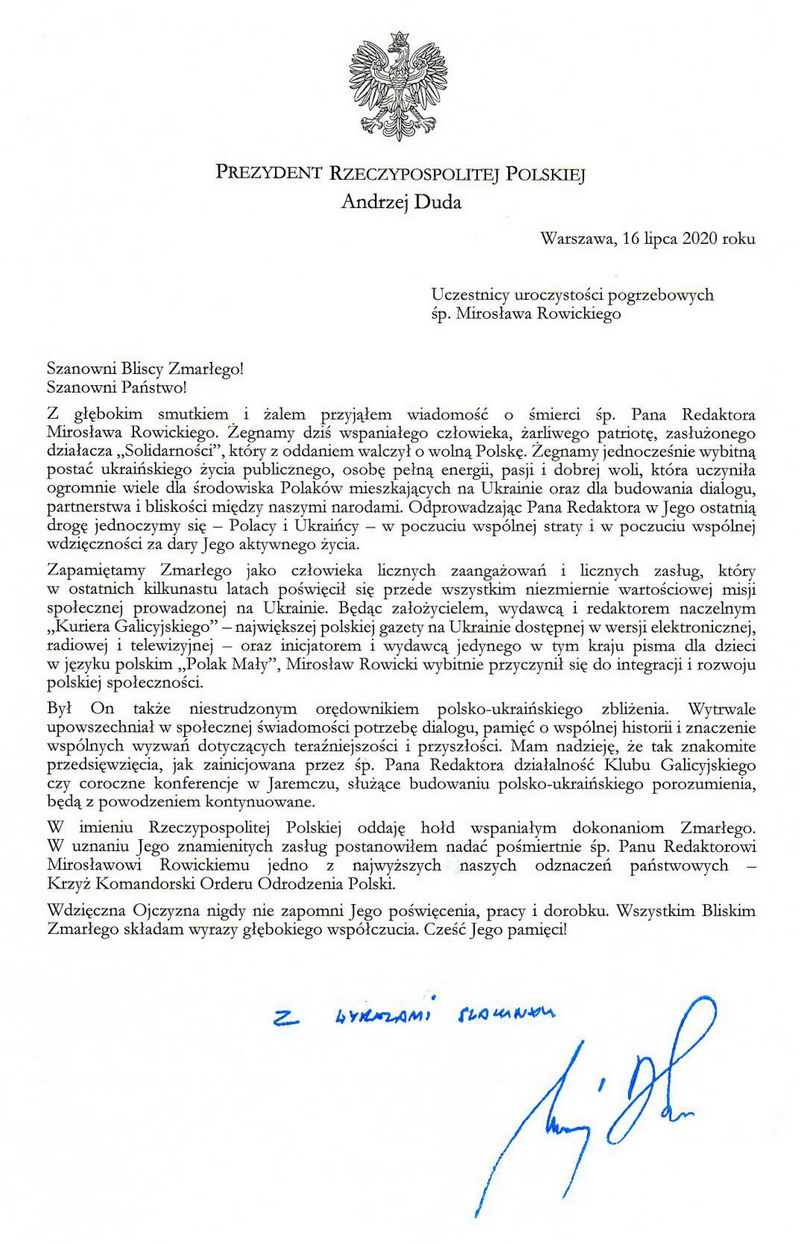 Rowicki list prezydenta