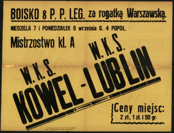 Ogłoszenie o meczach piłki nożnej pomiędzy drużynami WKS Lublin i WKS Kowel. Źródło: polona.pl.jpg